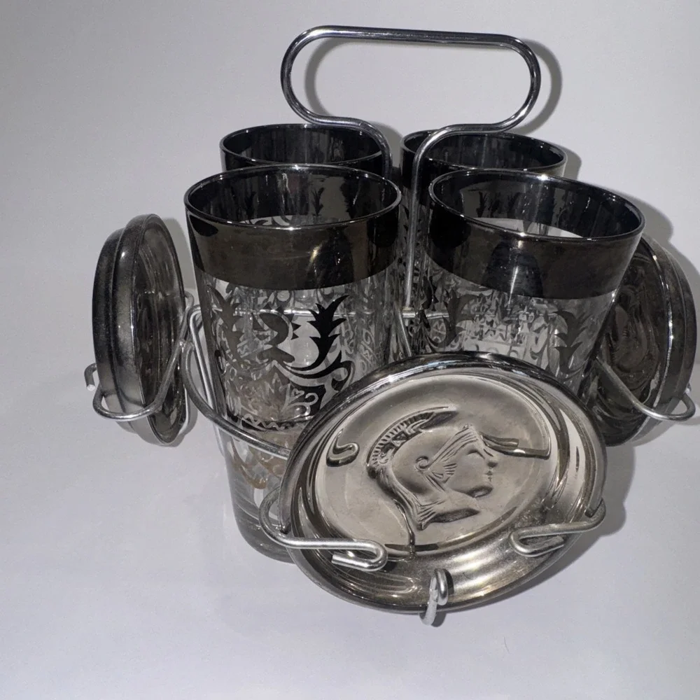 Kimiko Highball MCM Crest Glasses Silver Rim VTG Barware Caddy Coaster Set 4
